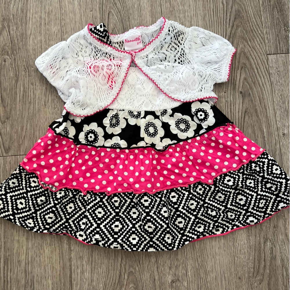 Pink and Black Floral Baby Dress with White Lace Bolero